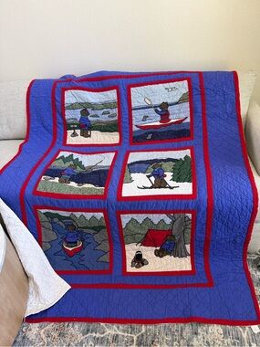 L.L. Bean Blue and Red Outdoor Patchwork Quilted Throw